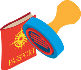 Travel concept icon isometric vector. Passport in red cover and round stamp icon. Vacation, recreation, adventure