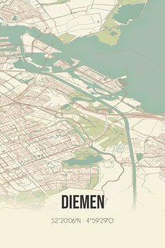 Diemen, Noord-Holland, Randstad region vintage street map. Retro Dutch city plan.