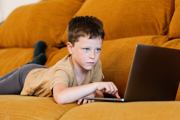 Boy lying on a sofa using the laptop