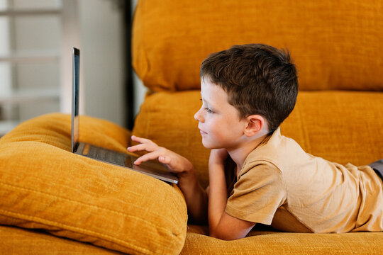 Boy lying on a sofa using the laptop