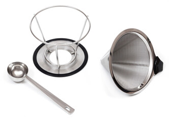 Reusable metal mesh coffee filter with stand and spoon for quick coffee brewing isolated on white...