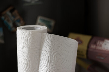 Roll of white paper towels with dotted ornament, horizontal photo on blurred background. Object for cleaning and wiping, for kitchen, domestic everyday