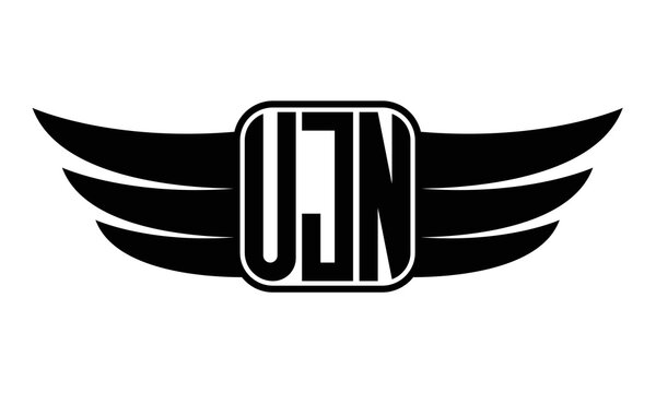 UJN three Letter wing minimalist creative concept icon eagle symbol professional black and white logo design, Vector template