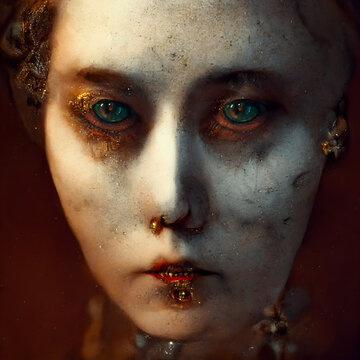 Digital Illustration of a dramatic portrait of the queen of the dead, zombie queen in an oil painting 3D illustration style 