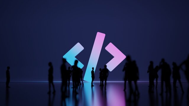 3d rendering people in front of symbol of code tag on background