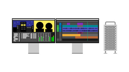 Video editing studio with two big monitors and powerful computer. Software with preview windows, timeline, bins, audio mixer and waveforms. Vector illustration.