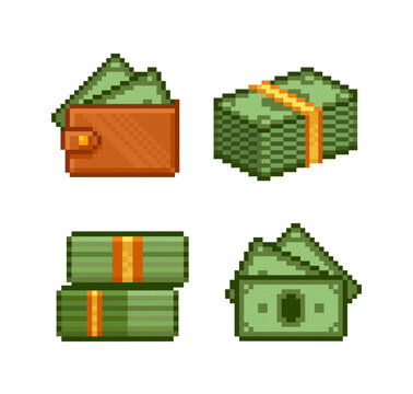 Pixel Art Cash Money vector icons set. Pixel wallet with bills, stack of banknotes, cash money. Pixel game money  icons in retro 80s - 90s style. Vector illustration