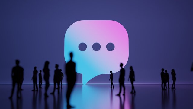 3d rendering people in front of symbol of rounded chat bubble on background
