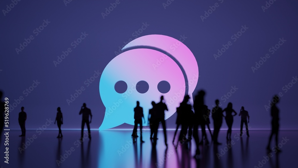 Poster 3d rendering people in front of symbol of two rounded chat bubbles on background