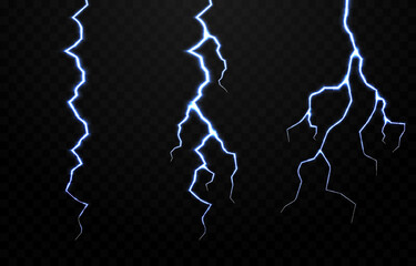 Lightning vector set, lightning png, thunderstorm, lighting, flash. Natural phenomenon, light effect. PNG. - obrazy, fototapety, plakaty