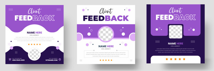 Customer feedback testimonial social media post web banner template. client testimonials social media post banner design template with purple color