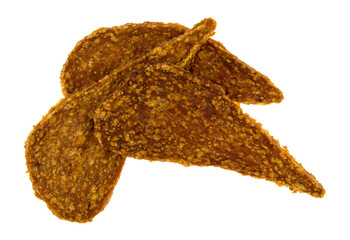 Top view of three slices of duck jerky isolated on a white background. - 519630192