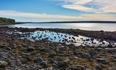 Low tide on the coast of Maine with a large tidal pool on Penobscot Bay