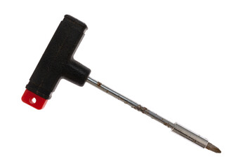 Old t handle screwdriver with Phillips bit on a white background.