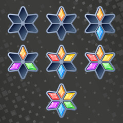 Online chat subscriber rating badges. Red, orange, yellow, green, blue, violet gemstones. Hexagonal medallions for game ranking. Vector award illustration. Eps10 vector