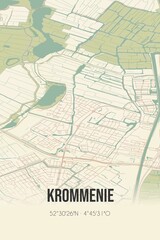 Krommenie, Noord-Holland, Randstad region vintage street map. Retro Dutch city plan.