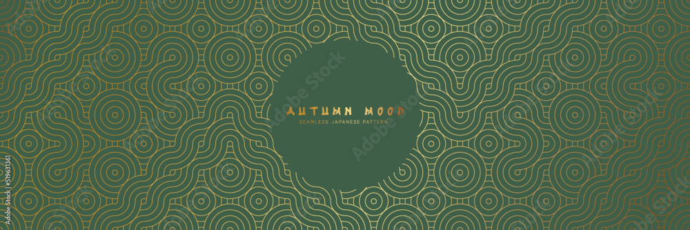 Wall mural seamless asian background pattern. autumn oriental premium design. green and gold abstract geometric