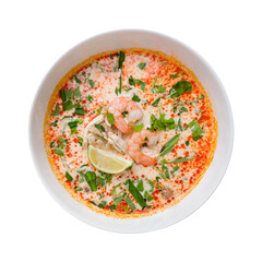 Tom Yam soup with lime and shrimps top view isolated on white background