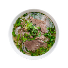 Soup Pho Bo with beef and noodles top view isolated on white background