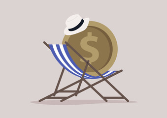 A huge dollar coin sunbathing in a striped beach chair, a vacation budget concept