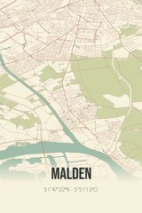 Malden, Gelderland, Veluwe region vintage street map. Retro Dutch city plan.