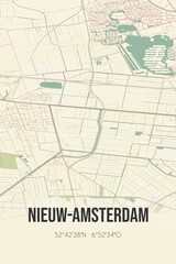 Obraz premium Nieuw-Amsterdam, Drenthe vintage street map. Retro Dutch city plan.