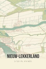 Nieuw-Lekkerland, Zuid-Holland vintage street map. Retro Dutch city plan.