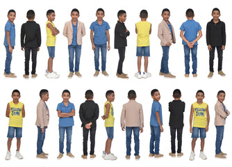 large group of the same teenager in various poses and various outfits on white background
