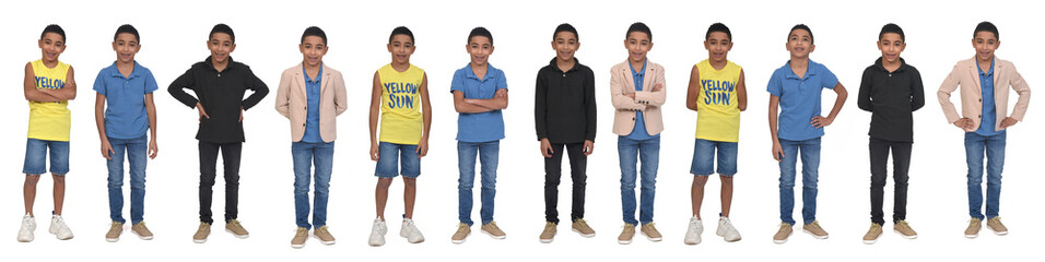 line of a front view of a group of a same teen various outfits on white background
