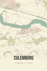 Culemborg, Gelderland, Betuwe region vintage street map. Retro Dutch city plan.