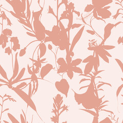 Seamless delicate pattern with spring tropical line silhouette flowers. Bright spring  flowers illustration.