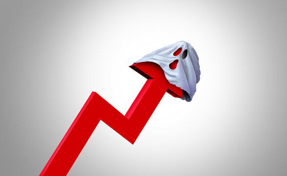 Halloween season Inflation concept as Autumn ghost symbol being hit by an upward leaning financial chart arrow representing rising Fall seasonal prices with 3D elements.