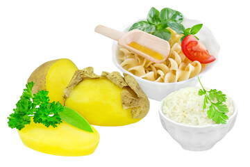 Cooked and cooled potatoes, rice and pasta with resistant starch isolated on white background