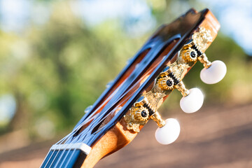 Close-up of the guitar head of a classical guitar with gold pegs. Part of a classical guitar on a blurry background in the park. Head of guitar with nylon strings.