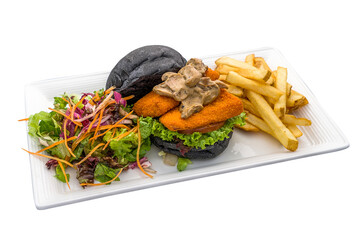 King Oyster patty burger with Swiss Mushroom Sauce with fries and salad served in dish isolated on plain white background side view of fastfood