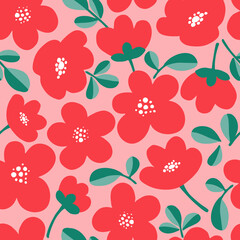 Seamless vector pattern of red flowers with leaves on a pink background. Cute template for fashionable prints, wallpaper, textiles and wrapping paper