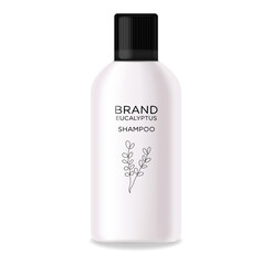 Cosmetics lotion bottle. White bottle cosmetic. Realistic shampoo lotion. Shampoo eucalyptus hair organic aroma for beauty isolated on white background.