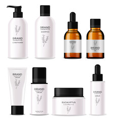 Realistic eucalyptus cosmetics set, beauty lotion bottle cosmetics, eucayptus design, treatment cosmetics collection vector