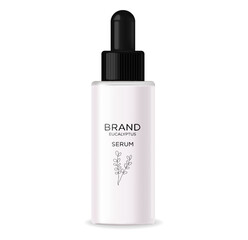 Cosmetics lotion bottle. White bottle cosmetic. Realistic serum lotion. Serum eucalyptus face organic aroma for beauty isolated on white background.