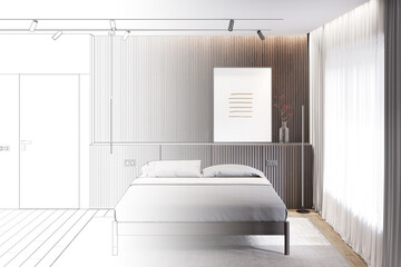 A sketch becomes a dark minimalist bedroom with a vertical poster on a wooden headboard with gray bedding, a floor lamp near a curtained window, a built-in door, and a rug on a wooden floor. 3d render