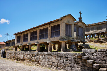 Lindoso (Portugal), June 27, 2022. Granaries. Set of granaries, typical constructions of the northwest of the Iberian Peninsula, used to store food.