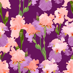 Seamless pattern with pink and pink-lilac irises and buds close-up on a dark purple background