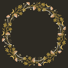 Decorative frame with herbs, flowers, mushrooms, and moon on a dark background. Unique design for cards, invitations, prints. Cartoon vector illustration.