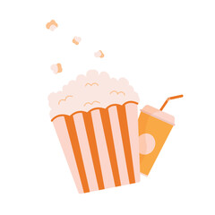 Popcorn bucket and soda drink cup with straw on isolated white background.Cinema food concept.Vector illustration cartoon flat style