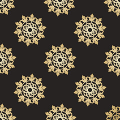 Seamless pattern with mandala ornament. Gold on a black background. Modern stylish abstract texture. Repeating geometric elements for web or textile. Vector illustration.