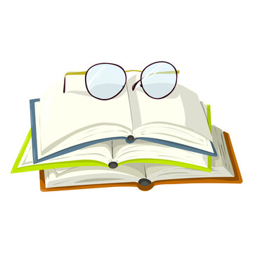 Open books and glasses isolated