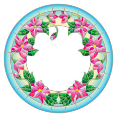Illustration in stained glass style flower frame, yellow flowers and leaves on a white background