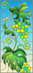 Stained glass illustration with a branch of grapes, berries and leaves on a blue background