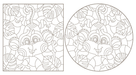 Fototapeta premium A set of contour illustrations in the style of stained glass with cute cartoon monkeys on tree branches, dark outlines on a white background