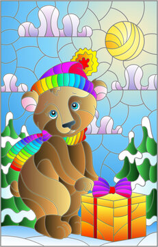 Stained glass illustration with a cute cartoon bear against a winter landscape, rectangle  image